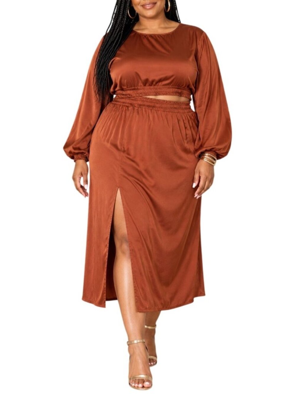 The Drop Plus Size 2X Dress Rust Cutout Midi Long Sleeves Smocked Waist Elegant